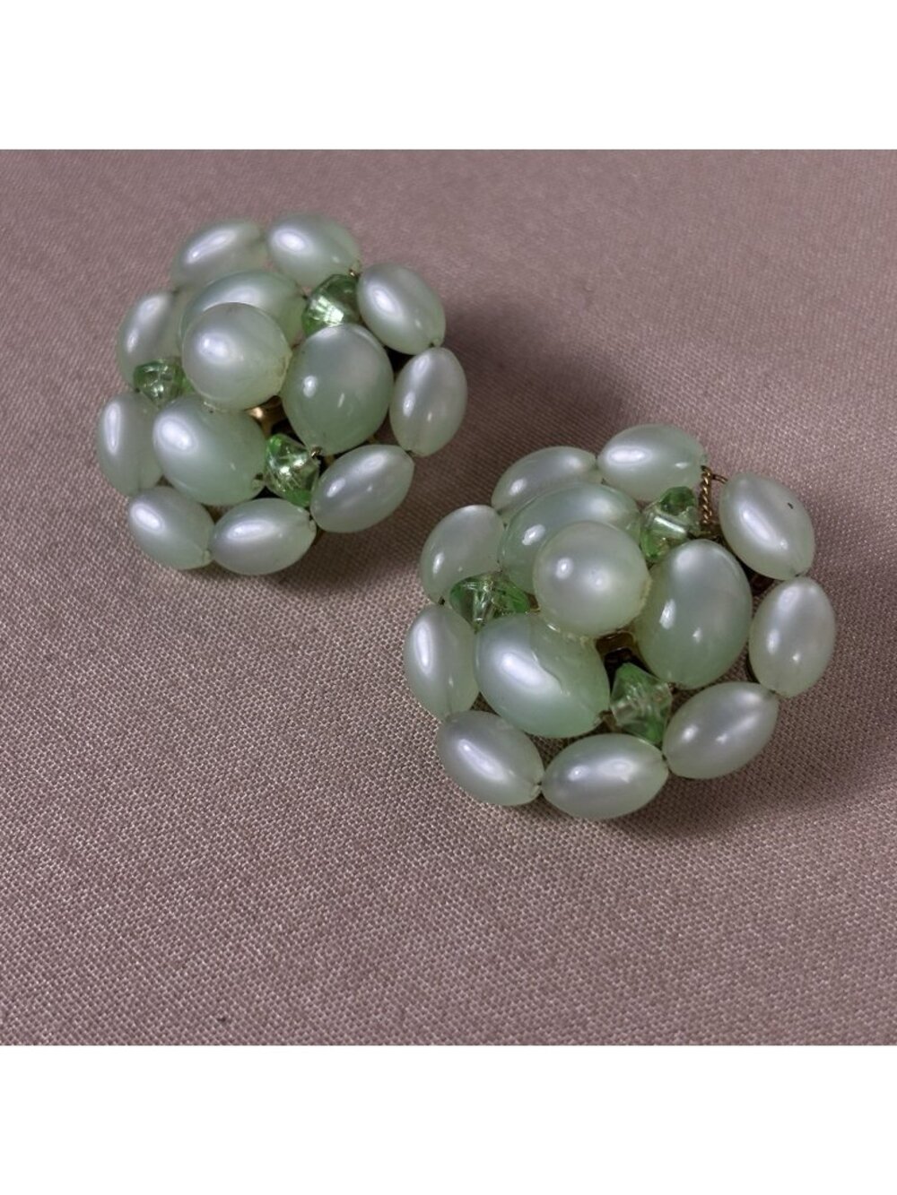 Vintage 50S Green Moon Glow Lucite Gold Tone Clip On Earrings C57 Jewelry